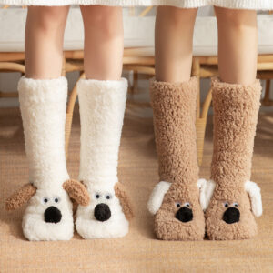 Adorable Cartoon Dog Non-Slip Plush Winter Socks for Women – Cozy and Warm